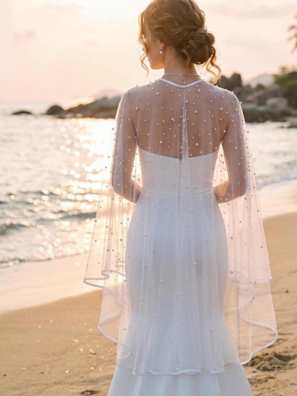 Pearl Embellished Bridal Capelet Sheer Tulle Wedding Cover Up
